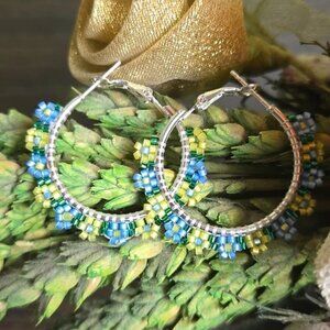 Delicately handcrafted Miyuki beaded hoop earrings Hypoallergenic Silver tone